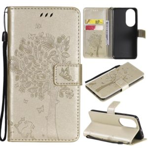 For Huawei P50 Tree & Cat Pattern Pressed Printing Horizontal Flip PU Leather Case with Holder & Card Slots & Wallet & Lanyard(Gold) (OEM)