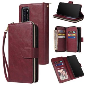 For Huawei P40 Zipper Wallet Bag Horizontal Flip PU Leather Case with Holder & 9 Card Slots & Wallet & Lanyard & Photo Frame(Wine Red) (OEM)