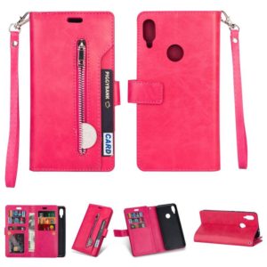 For Xiaomi Redmi Note 7 / Note 7 Pro / Note 7S Multifunctional Zipper Horizontal Flip Leather Case with Holder & Wallet & 9 Card Slots & Lanyard(Rose Red) (OEM)