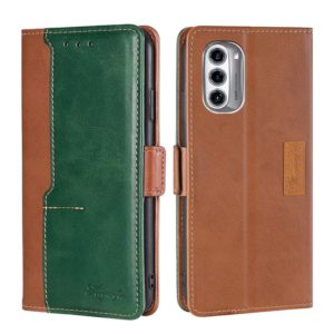 For Motorola Moto G52J 5G Contrast Color Side Buckle Leather Phone Case(Light Brown + Green) (OEM)