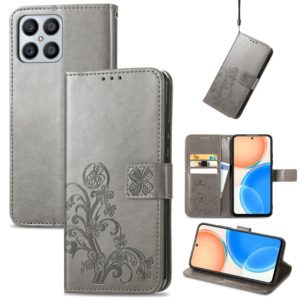 For Honor X8 4G Four-leaf Clasp Embossed Buckle Leather Phone Case(Gray) (OEM)