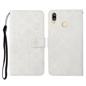 For Huawei Y7 (2019) Ethnic Style Embossed Pattern Horizontal Flip Leather Case with Holder & Card Slots & Wallet & Lanyard(White) (OEM)