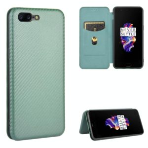 For OnePlus 5 Carbon Fiber Texture Horizontal Flip TPU + PC + PU Leather Case with Card Slot(Green) (OEM)