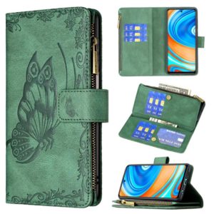 For Xiaomi Redmi Note 9 Pro Max Flying Butterfly Embossing Pattern Zipper Horizontal Flip Leather Case with Holder & Card Slots & Wallet(Green) (OEM)