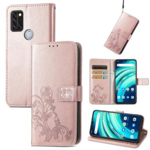 For UMIDIGI A9 Pro Four-leaf Clasp Embossed Buckle Mobile Phone Protection Leather Case with Lanyard & Card Slot & Wallet & Bracket Function(Rose Gold) (OEM)