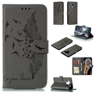 Feather Pattern Litchi Texture Horizontal Flip Leather Case with Wallet & Holder & Card Slots For LG K50(Gray) (OEM)