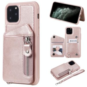 For iPhone 11 Pro Dual Buckles Zipper Shockproof Back Cover Protective Case with Holder & Card Slots & Wallet & Lanyard & Photos Frames(Rose gold) (OEM)
