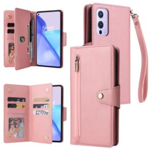 For OnePlus 9 Rivet Buckle 9 Cards Three Fold Leather Phone Case(Rose Gold) (OEM)