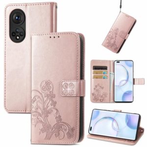 For Honor 50 Pro Four-leaf Clasp Embossed Buckle Mobile Phone Protection Leather Case with Lanyard & Card Slot & Wallet & Bracket Function(Rose Gold) (OEM)