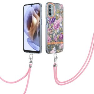 For Motorola Moto G31/G41 Flowers Series TPU Phone Case with Lanyard(Purple Peony) (OEM)
