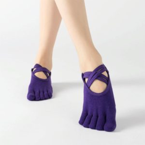 Terry Five-Finger Socks Cotton Thickened Warm and Non-Slip Yoga Socks Cross Strap Dance Socks, Size: One Size(Full Toe (Deep Purple)) (OEM)