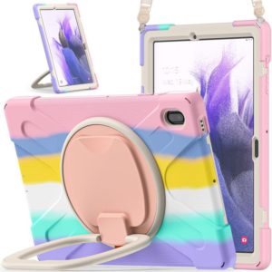 For Samsung Galaxy Tab S7 FE T730 Silicone + PC Protective Case with Holder & Shoulder Strap(Colorful Pink) (OEM)