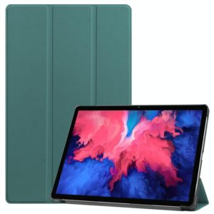 For Lenovo Tab P11 TB-J606F /Tab P11 5G Three-folding Custer Texture Smart Leather Tablet Case(Dark Green) (OEM)