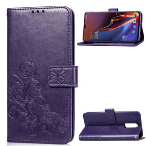 Lucky Clover Pressed Flowers Pattern Leather Case for OnePlus 6T, with Holder & Card Slots & Wallet & Hand Strap (Purple) (OEM)