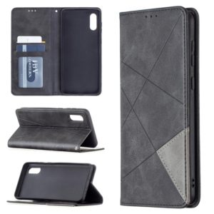 For Samsung Galaxy A02 Rhombus Texture Horizontal Flip Magnetic Leather Case with Holder & Card Slots(Black) (OEM)