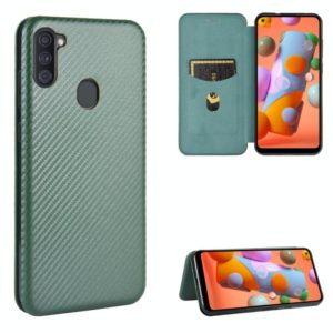 For Samsung Galaxy A11(EU Version) Carbon Fiber Texture Horizontal Flip TPU + PC + PU Leather Case with Rope & Card Slot(Green) (OEM)