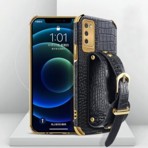 For Samsung Galaxy A02s (EU Version) Electroplated TPU Crocodile Pattern Leather Case with Wrist Strap(Black) (OEM)