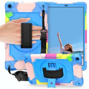 For Samsung Galaxy Tab A 10.1 (2019)/T515 360 Degree Rotation Turntable Contrast Color Robot Shockproof Silicone + PC Protective Case with Holder(Colorful + Blue) (OEM)