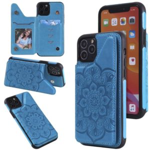 For iPhone 11 Pro Flower Embossing Pattern Shockproof Protective Case with Holder & Card Slots & Photo Frame (Blue) (OEM)