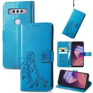 For TCL 10 SE Four-leaf Clasp Embossed Buckle Mobile Phone Protection Leather Case(Blue) (OEM)
