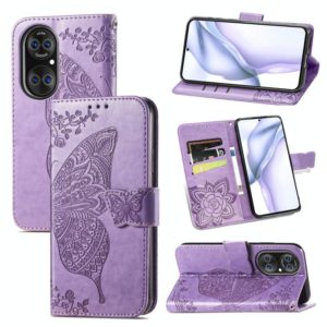 For Huawei P50 Pro Butterfly Love Flowers Embossed Horizontal Flip Leather Case with Holder & Card Slots & Wallet & Lanyard(Light Purple) (OEM)