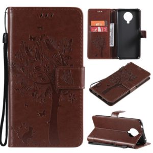 For Nokia 6.3 Tree & Cat Pattern Pressed Printing Horizontal Flip PU Leather Case with Holder & Card Slots & Wallet & Lanyard(Coffee) (OEM)