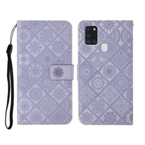 For Samsung Galaxy A21s Ethnic Style Embossed Pattern Horizontal Flip Leather Case with Holder & Card Slots & Wallet & Lanyard(Purple) (OEM)