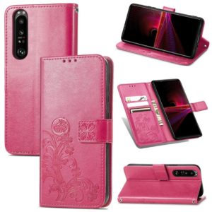 For Sony Xperia 1 III Four-leaf Clasp Embossed Buckle Mobile Phone Protection Leather Case with Lanyard & Card Slot & Wallet & Bracket Function(Magenta) (OEM)