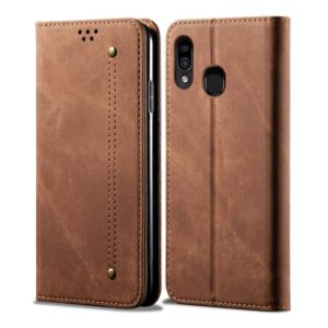 For Galaxy A20 / A30 Denim Texture Casual Style Horizontal Flip Leather Case with Holder & Card Slots & Wallet(Brown) (OEM)