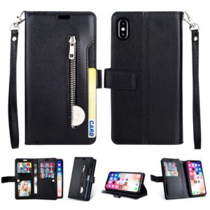 For iPhone X / XS Multifunctional Zipper Horizontal Flip Leather Case with Holder & Wallet & 9 Card Slots & Lanyard(Black) (OEM)