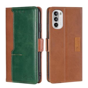 For Motorola Moto G52 4G/G82 5G Contrast Color Side Buckle Leather Phone Case(Light Brown + Green) (OEM)