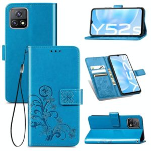 For vivo Y52s Four-leaf Clasp Embossed Buckle Mobile Phone Protection Leather Case with Lanyard & Card Slot & Wallet & Bracket Function(Blue) (OEM)