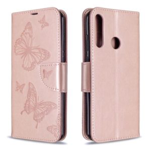 For Huawei Y6P Two Butterflies Embossing Pattern Horizontal Flip Leather Case with Holder & Card Slot & Wallet & Lanyard(Rose Gold) (OEM)