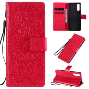 For Sony Xperia 10 II Embossed Sunflower Pattern Horizontal Flip PU Leather Case with Holder & Card Slots & Wallet & Lanyard(Red) (OEM)