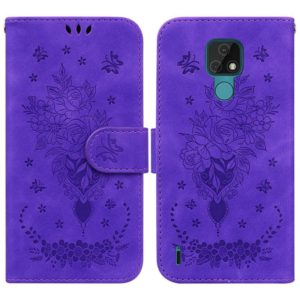 For Motorola Moto E7 Butterfly Rose Embossed Leather Phone Case(Purple) (OEM)