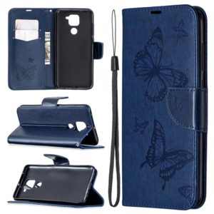 For Xiaomi Redmi Note 9 Two Butterflies Embossing Pattern Horizontal Flip Leather Case with Holder & Card Slot & Wallet & Lanyard(Dark Blue) (OEM)