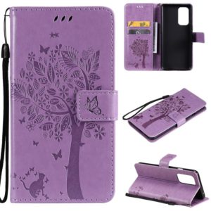 For OnePlus 9 Tree & Cat Pattern Pressed Printing Horizontal Flip PU Leather Case with Holder & Card Slots & Wallet & Lanyard(Light Purple) (OEM)
