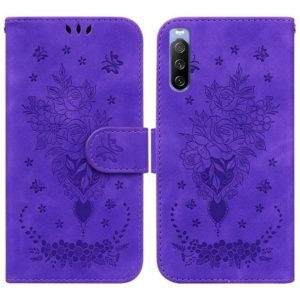 For Sony Xperia 10 III Butterfly Rose Embossed Leather Phone Case(Purple) (OEM)