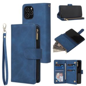 For iPhone 12 / 12 Pro Multifunctional Retro Frosted Horizontal Flip Leather Case with Card Slot & Holder & Zipper Wallet & Photo Frame & Lanyard(Blue) (OEM)