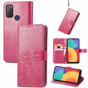 For Alcatel 1S 2021 Four-leaf Clasp Embossed Buckle Mobile Phone Protection Leather Case with Lanyard & Card Slot & Wallet & Bracket Function(Magenta) (OEM)
