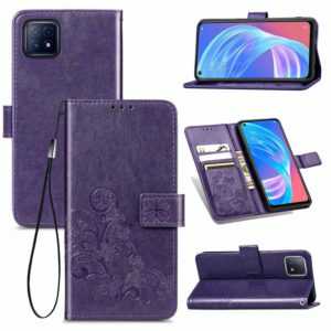 Four-leaf Clasp Embossed Buckle Mobile Phone Protection Leather Case with Lanyard & Card Slot & Wallet & Bracket Function For OPPO A72 5G(Purple) (OEM)