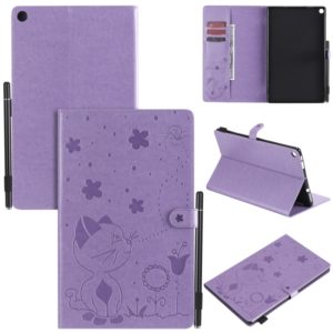 For Amazon Kindle Fire HD 10 (2015) / (2017) Cat Bee Embossing Pattern Shockproof Table PC Protective Horizontal Flip Leather Case with Card Slots & Wallet & Pen Slot & Sleep / Wake-up Function(Purple) (OEM)