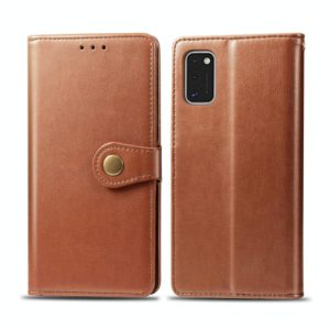For Galaxy A41 Retro Solid Color Leather Buckle Phone Case with Lanyard & Photo Frame & Card Slot & Wallet & Stand Function(Brown) (OEM)