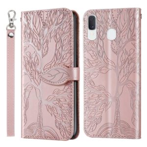 For Samsung Galaxy A20 / A30 Life of Tree Embossing Pattern Horizontal Flip Leather Case with Holder & Card Slot & Wallet & Photo Frame & Lanyard(Rose Gold) (OEM)
