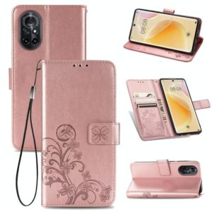 For Huawei Nova 8 Four-leaf Clasp Embossed Buckle Mobile Phone Protection Leather Case with Lanyard & Card Slot & Wallet & Bracket Function(Rose Gold) (OEM)