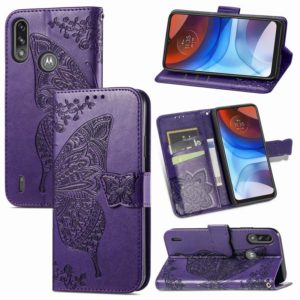 For Motorola Moto E7 Power Butterfly Love Flower Embossed Horizontal Flip Leather Case with Bracket & Card Slot & Wallet & Lanyard(Dark Purple) (OEM)