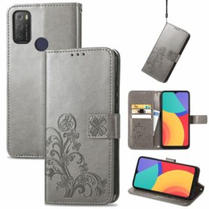 For Alcatel 1S 2021 Four-leaf Clasp Embossed Buckle Mobile Phone Protection Leather Case with Lanyard & Card Slot & Wallet & Bracket Function(Grey) (OEM)
