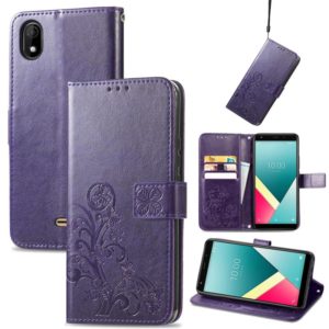 For Wiko Y61 Four-leaf Clasp Embossed Buckle Mobile Phone Protection Leather Case with Lanyard & Card Slot & Wallet & Bracket Function(Purple) (OEM)