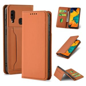 For Samsung Galaxy A30 Strong Magnetism Liquid Feel Horizontal Flip Leather Case with Holder & Card Slots & Wallet(Brown) (OEM)