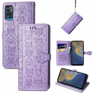 For ZTE A71 Lovely Cat and Dog Embossing Pattern Horizontal Flip Leather Case , with Holder & Card Slots & Wallet & Cartoon Clasp & Lanyard(Purple) (OEM)